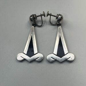 Vintage Mexico 925 Sterling Silver BGM Screw Back Earrings Art Deco Onyx 14g